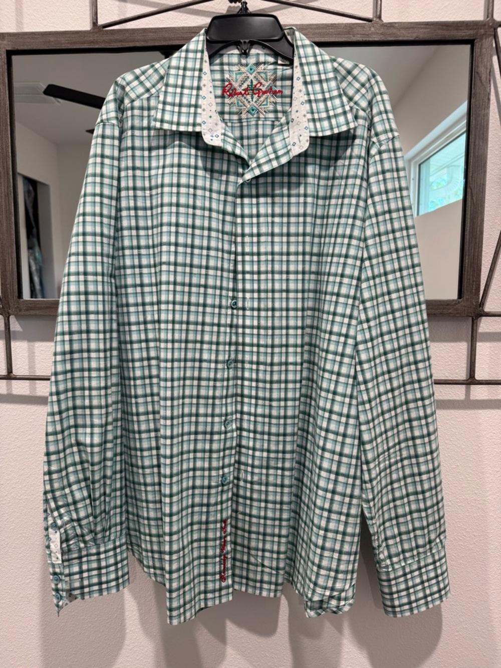 Robert Graham Teal and White Plaid Embroidered Shirt